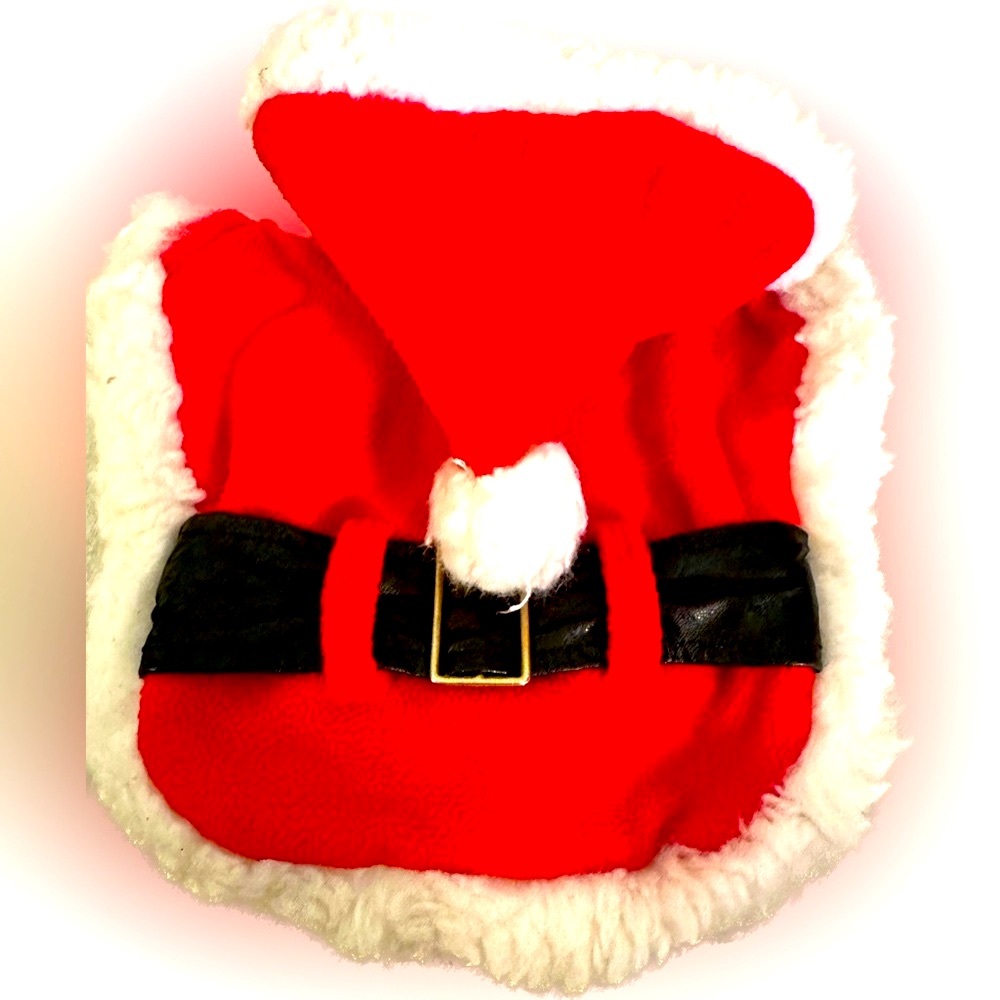 XS DOG PUPPY SANTA CLAUS COAT JACKET COSTUME HAT BLACK BELT BUCKLE FAUX FUR TRIM